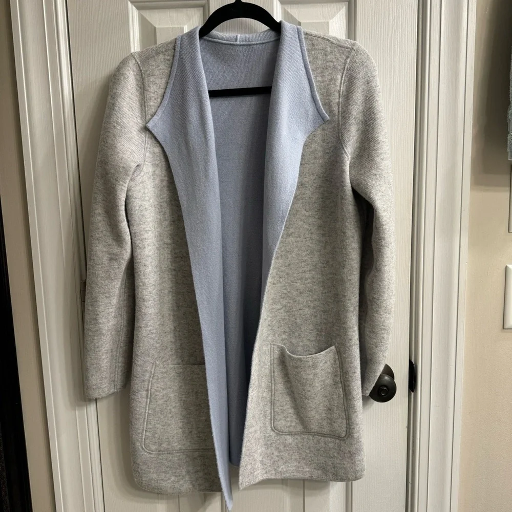 LOFT Reversible Blue & Gray Wool Blend Sweater Jacket Cardigan Coatigan Sz S - Picture 2 of 9